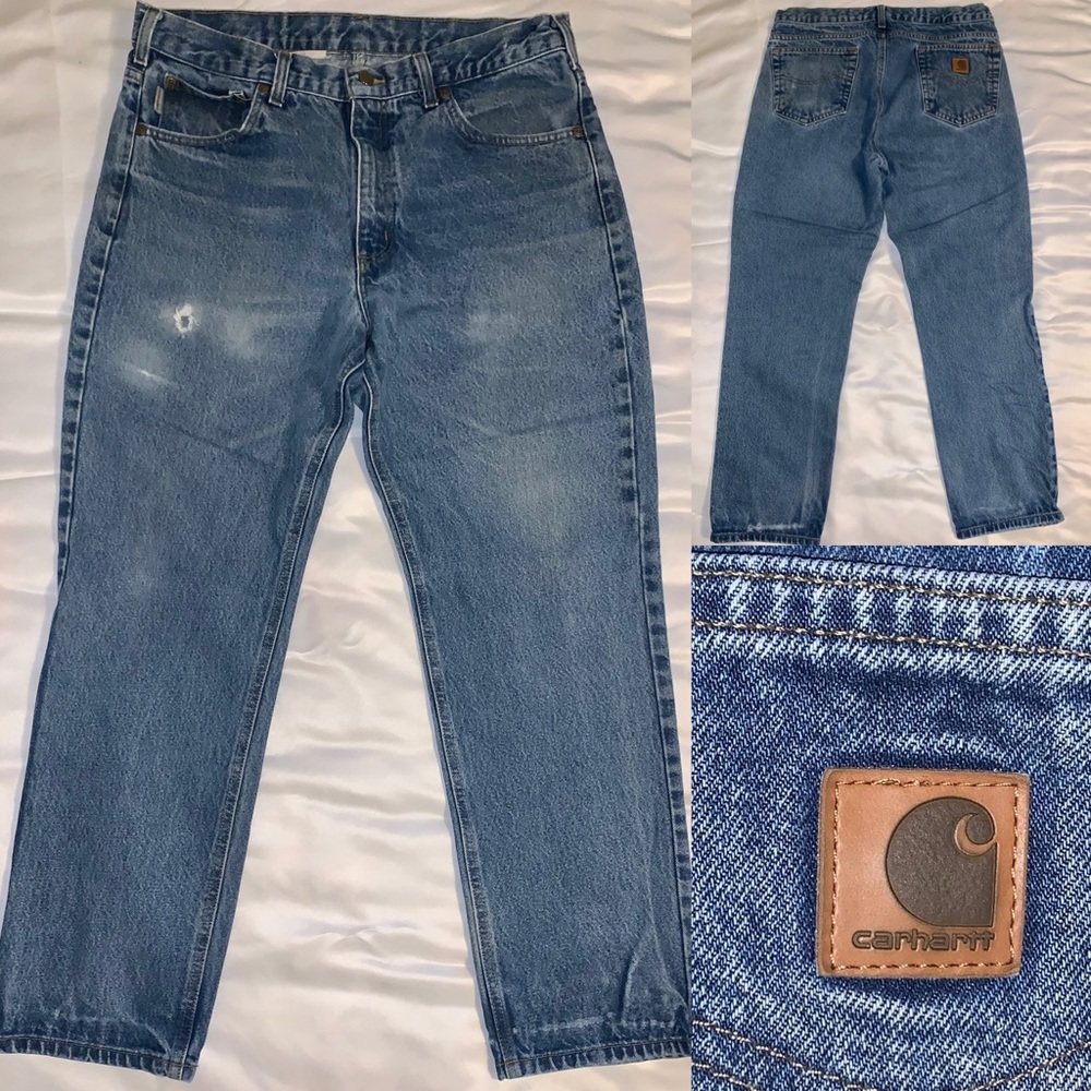 Carhartt B18 DST Blue Denim Jeans distressed holes